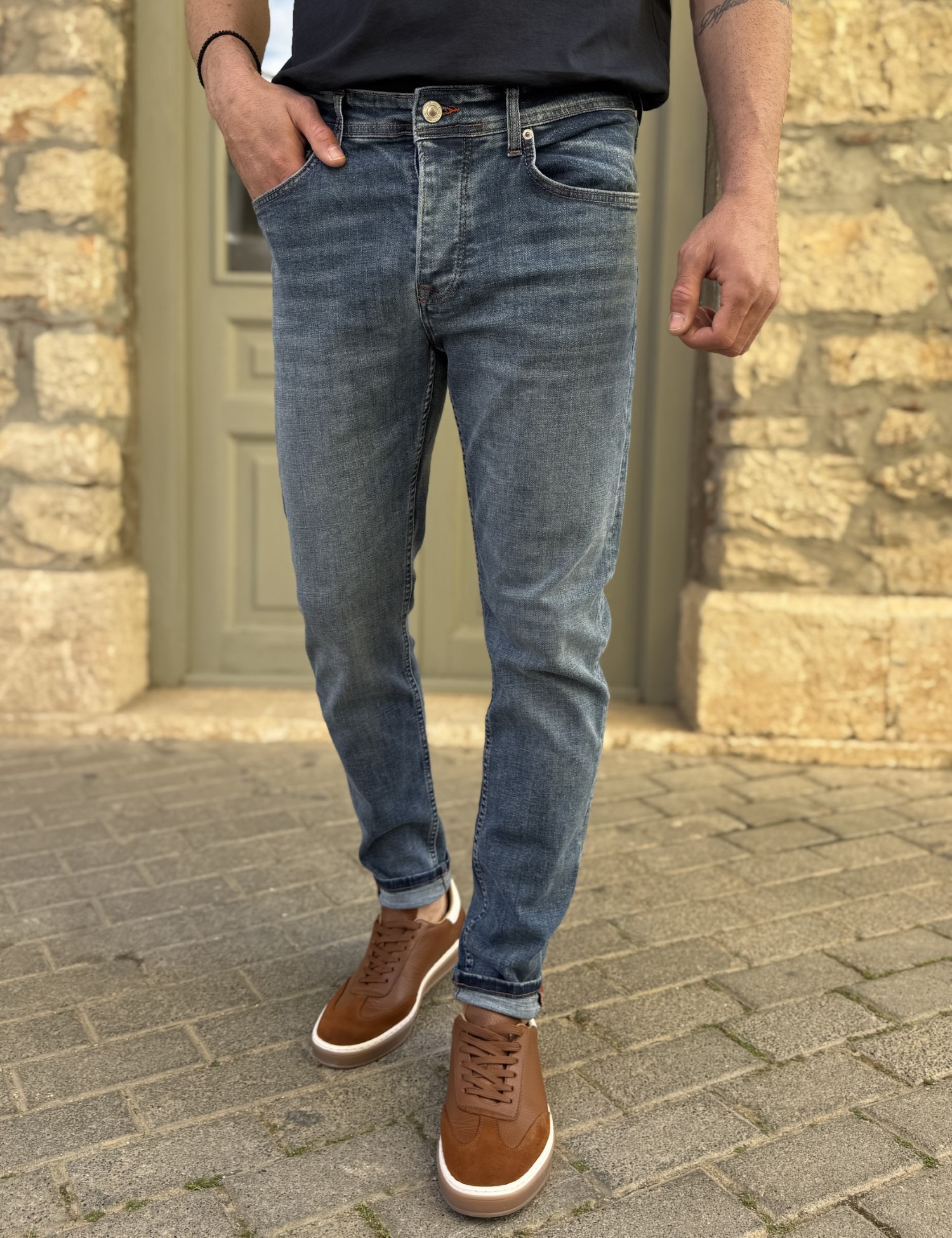 Ανδρικό Slim μπλε τζιν παντελόνι πεντάτσεπο με κουμπιά 3LN502